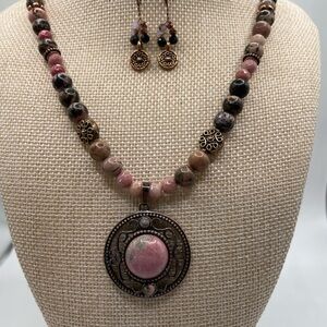 Antique Bronze Dusty Rose Necklace and Earrings Set